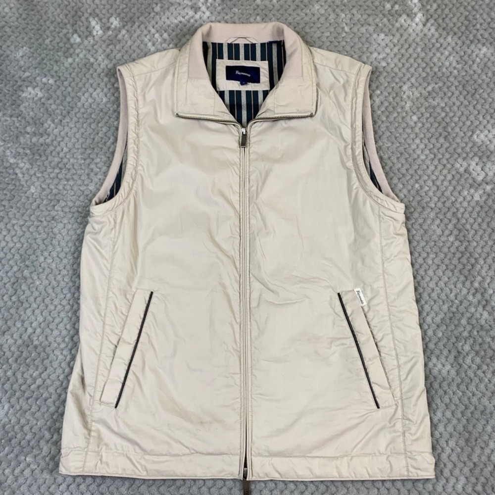 Faconnable Vest Mens Small Beige Full Zip Striped Lining Sleeveless Jacket